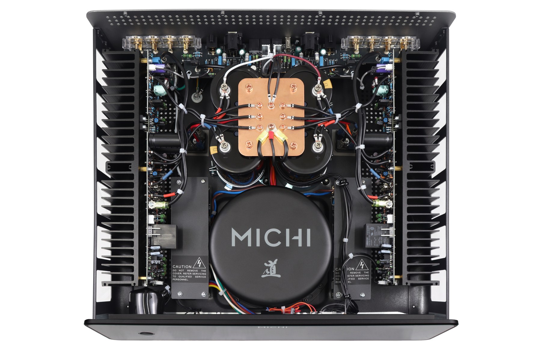 Michi Prestige S430 изнутри: тороидальный трансформатор и конденсаторы блока питания